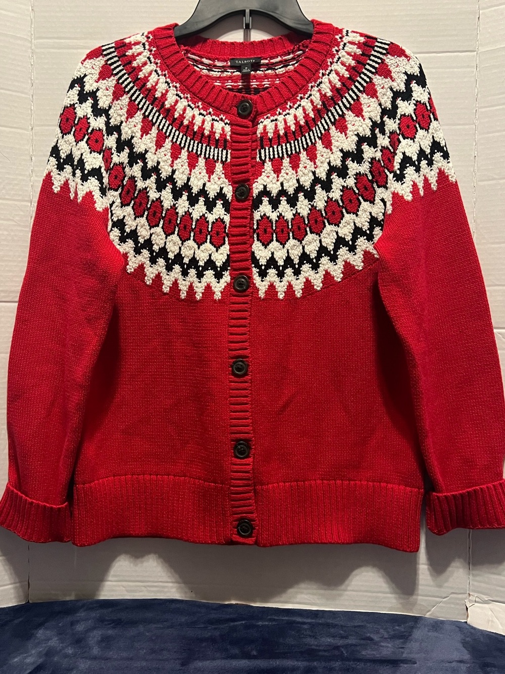 Talbots Red Fair Isle Yoke Button-Front Cardigan